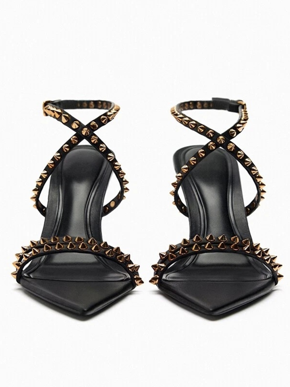 ZARA Black Gold Studded Pointed Toe Strappy Heeled Sandals Sz 37